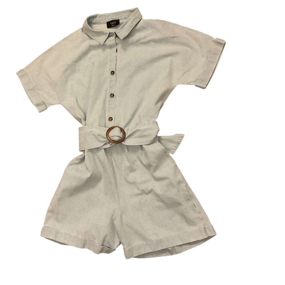 VICI Belted Chambray Cotton Romper Button Front Collared Light Blue Women's, S
